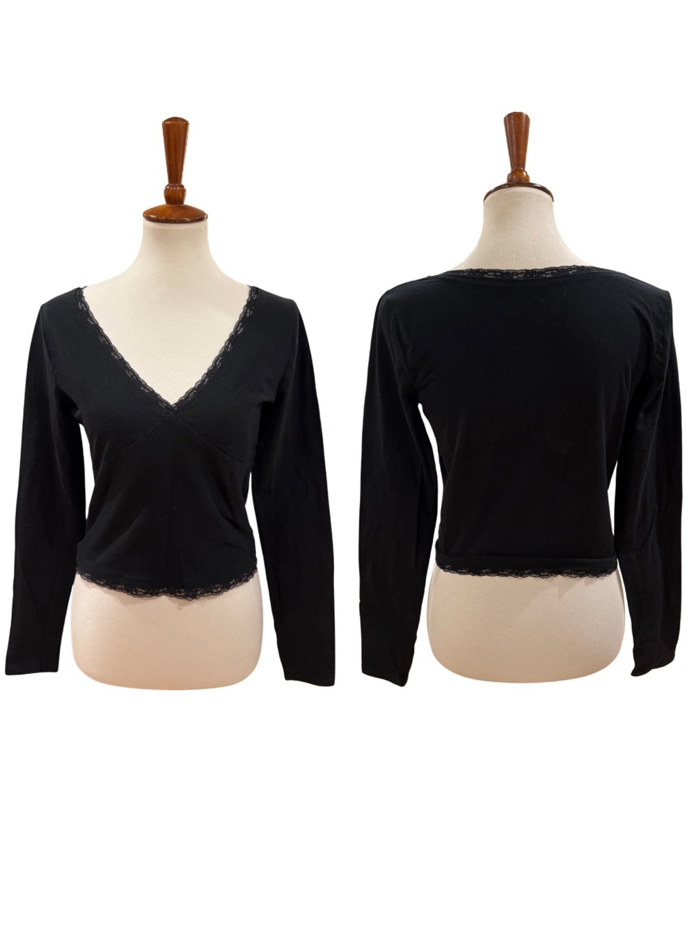 Hollister Black Lace Trim V-Neck Long Sleeve Top